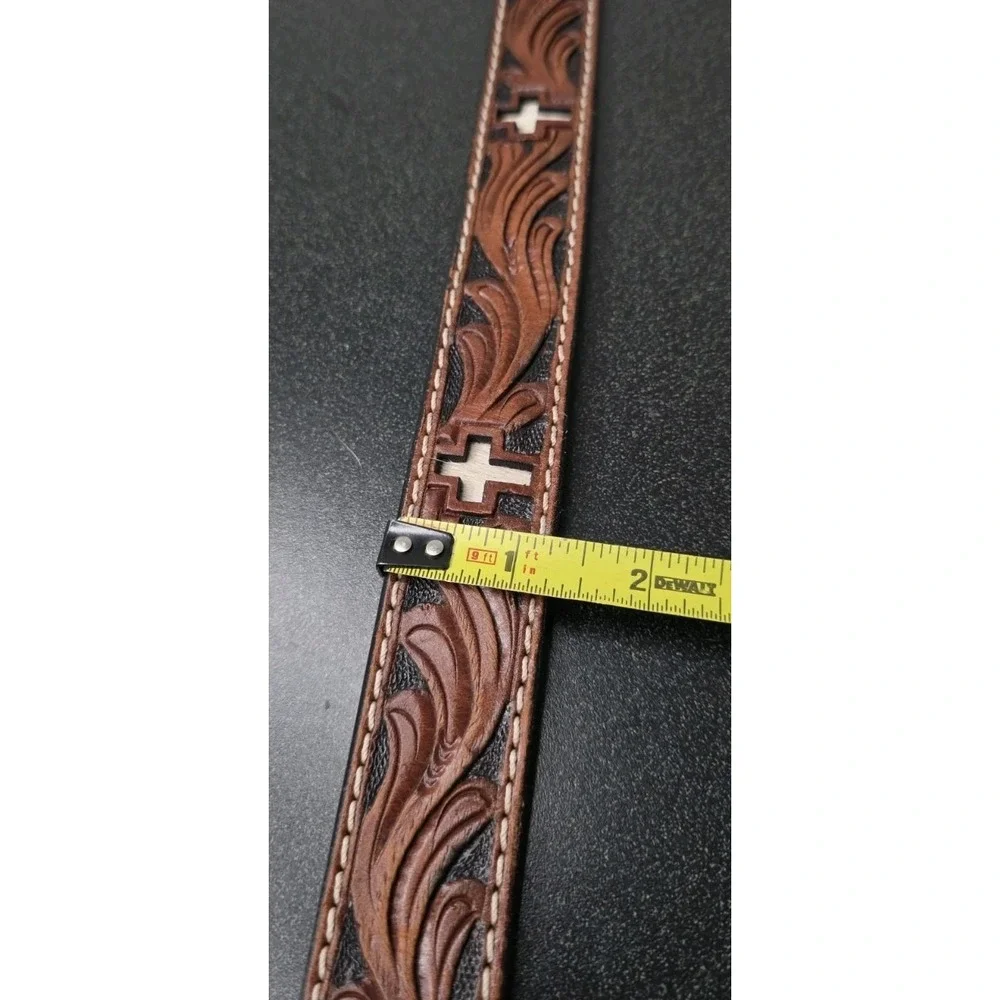 Ranger Belt Co. Tooled Brown Leather Belt Cowhide Inlay Crosses Kids 28 Rodeo
